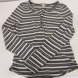 Lucky Brand Henley Lightweight Striped Knit Top Black Ivory Long Sleeve Size L